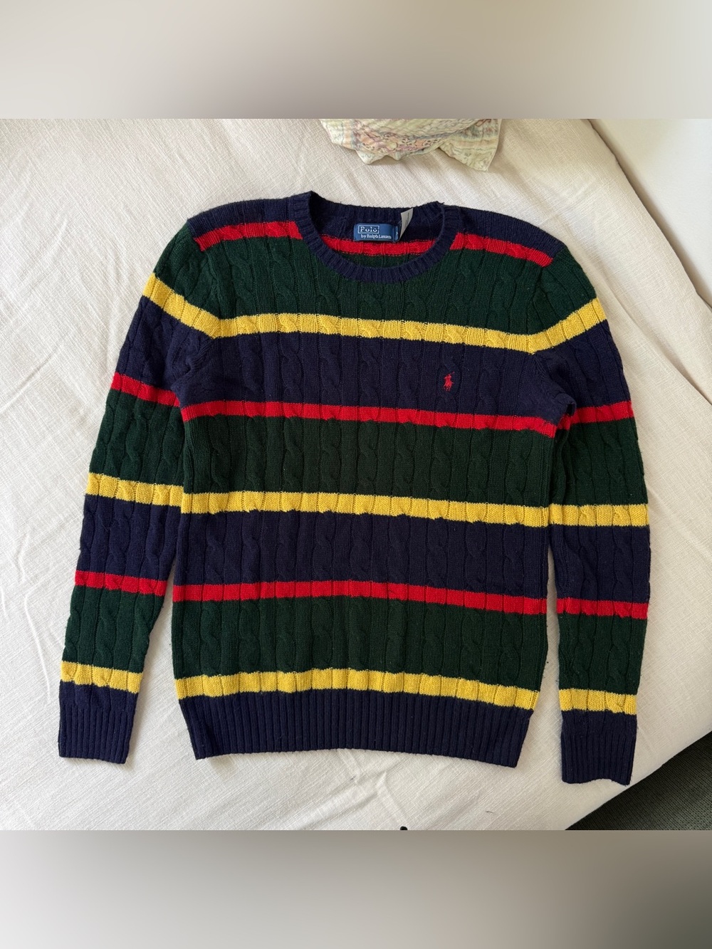 Polo Ralph Lauren Wool Cashmere Striped Cable Knit Sweater M Forest Green Navy